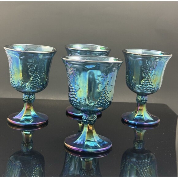 Vintage Indiana Glass Blue Iridescent Grape Goblets Set of 4 - 8 oz MCM - Picture 1 of 12